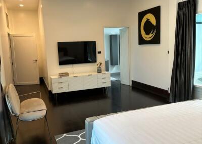 Modern bedroom with wall-mounted TV and dark hardwood flooring