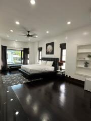 Spacious modern bedroom with large windows and contemporary furnishings