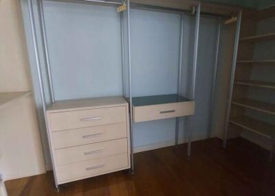 Walk-in closet with shelving and drawers