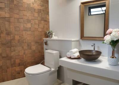 Modern bathroom with wooden accent wall