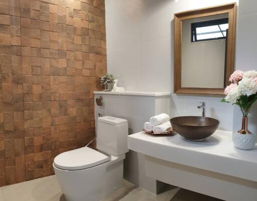 Modern bathroom with wooden accent wall