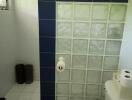 Bathroom with glass block shower partition