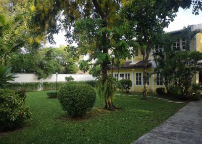 Spacious garden with lush greenery and a view of the house