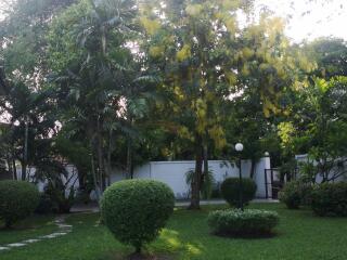 Well-maintained garden with lush greenery and a variety of trees and plants