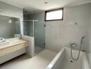 Modern bathroom with bathtub, shower, and vanity