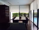 Modern dining area with large windows and pool view