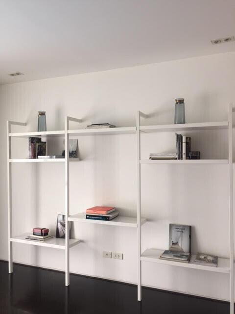 Minimalistic living room with modern shelving unit