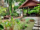 Beautiful garden with plants and a small pond