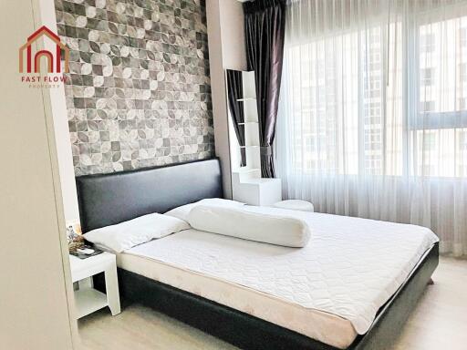 Modern bedroom with patterned accent wall and large windows