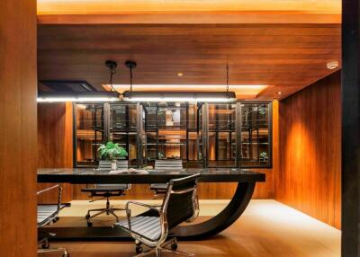 Modern office space with wooden interior and sleek furniture