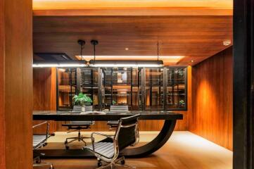 Modern office space with wooden interior and sleek furniture