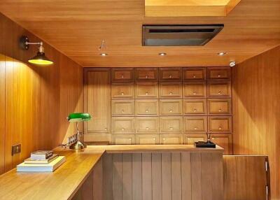 Well-equipped wooden study room with skylight