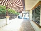 Covered outdoor patio with wooden lattice roof