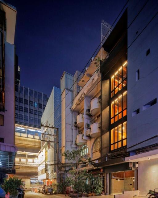 Photo of a building exterior at night