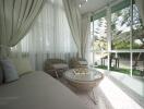 Sunroom with large windows and wicker furniture