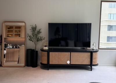 Modern living room with television, mirror, potted plant, and coffee table