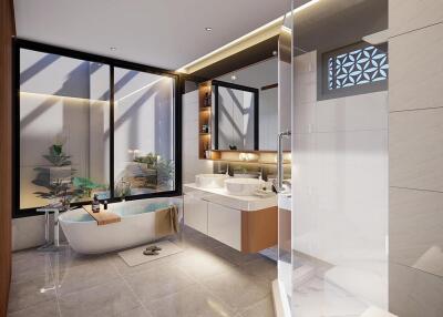 Modern and spacious bathroom with large window and bathtub