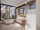 Modern and spacious bathroom with large window and bathtub