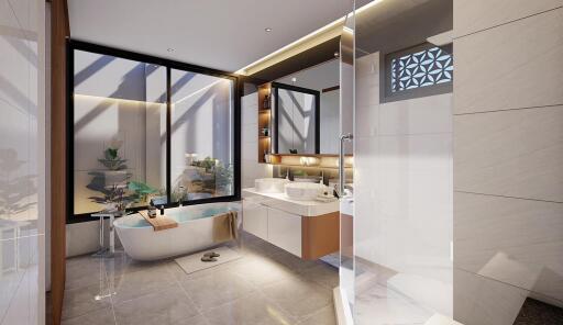 Modern and spacious bathroom with large window and bathtub