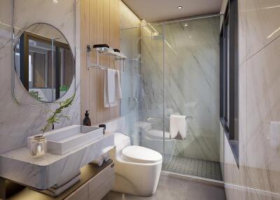 Modern bathroom with glass shower and vanity