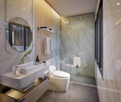 Modern bathroom with glass shower and vanity