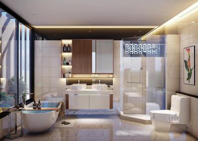 Modern bathroom with double sinks, bathtub, glass shower, and toilet