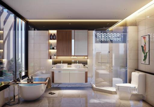 Modern bathroom with double sinks, bathtub, glass shower, and toilet