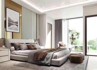 Modern spacious bedroom with large windows