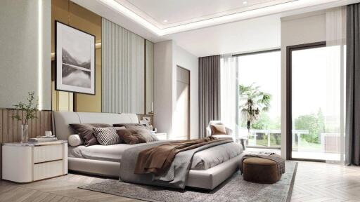 Modern spacious bedroom with large windows