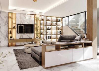 Modern living room with luxurious marble accents and built-in shelving