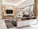 Modern living room with luxurious marble accents and built-in shelving