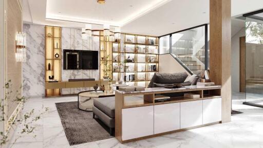 Modern living room with luxurious marble accents and built-in shelving