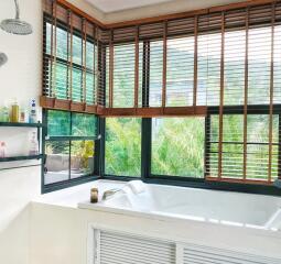 Bathroom with large tub and window blinds