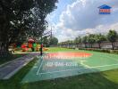 Outdoor basketball court and playground in a green park