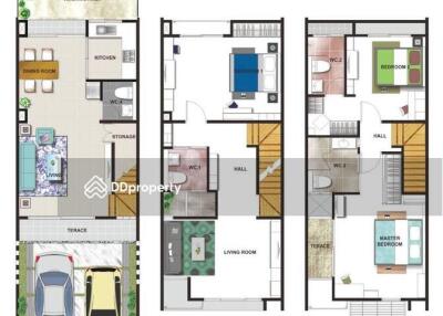 Floor plans of a modern house showing different levels and room arrangements