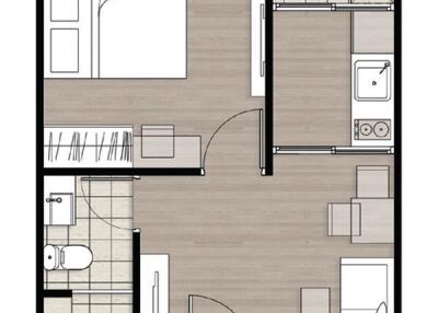 A floor plan showing the layout of a one-bedroom apartment including a bedroom, bathroom, kitchen, and living area.