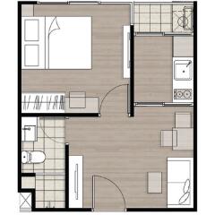 A floor plan showing the layout of a one-bedroom apartment including a bedroom, bathroom, kitchen, and living area.