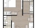 A floor plan showing the layout of a one-bedroom apartment including a bedroom, bathroom, kitchen, and living area.