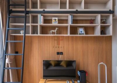 Living area with a high shelf, ladder, TV, and modern decor