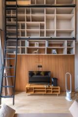 Living area with a high shelf, ladder, TV, and modern decor