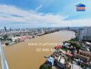 Aerial view of a river with surrounding cityscape