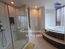 Luxurious bathroom with glass shower and large bathtub.