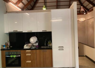 Modern kitchen with sleek white cabinets and wooden accents