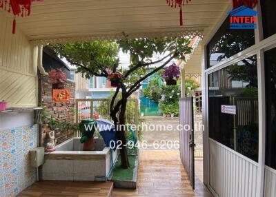 Covered outdoor space with plants and a small garden