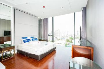 Modern bedroom with large windows and city view