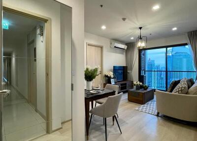 Modern living room with a view of the city