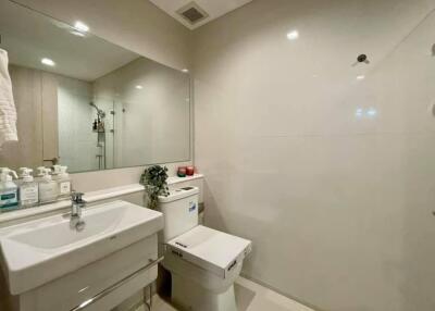 Modern bathroom with spacious mirror and white sink