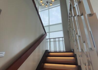 Modern staircase with illuminated steps and large window