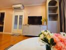 Living room with TV, air conditioner, flowers, and bookshelves