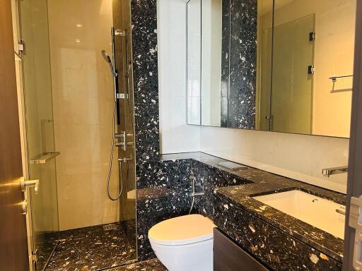 Modern bathroom with shower and black marble countertops